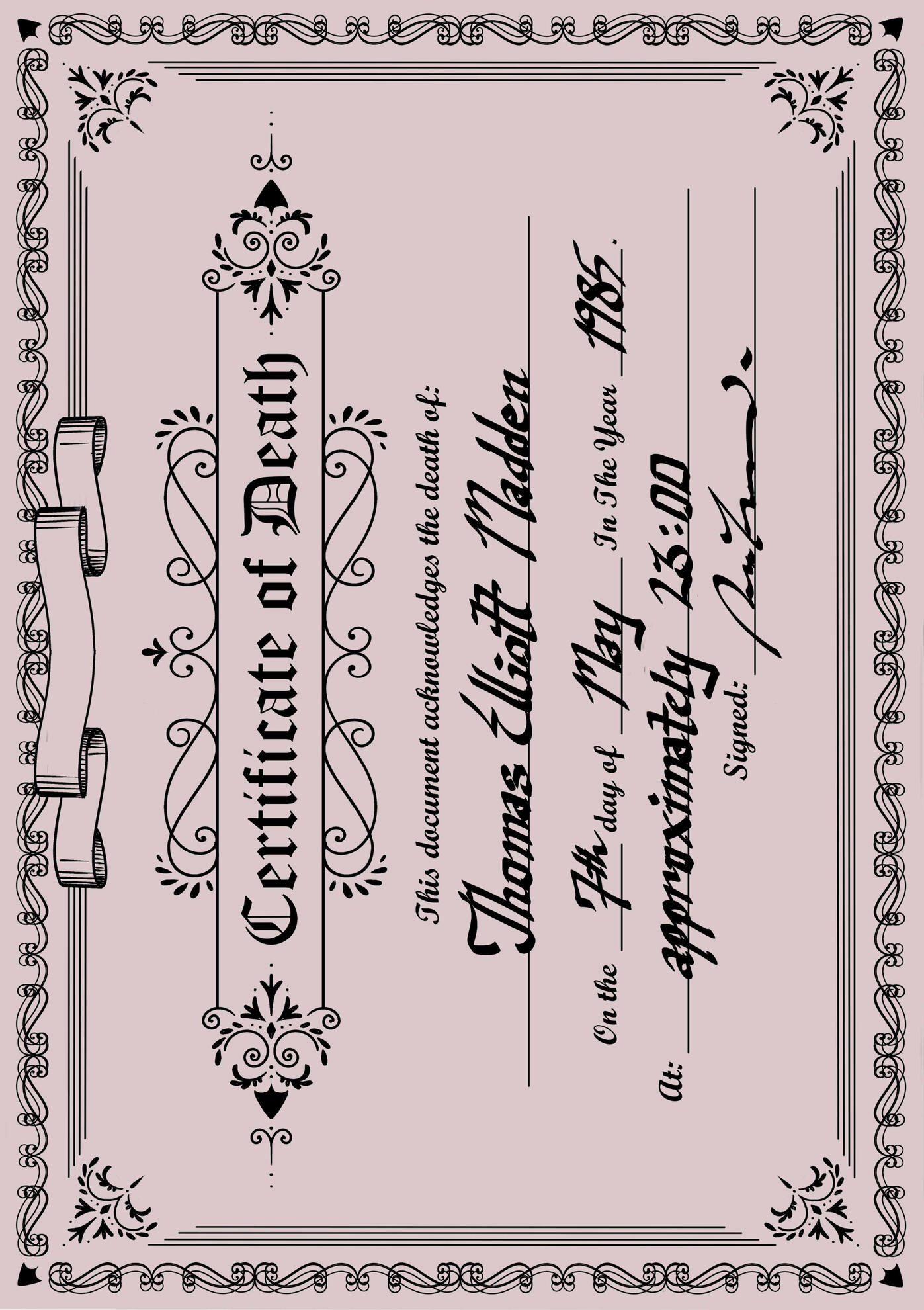 Death Certificate for "Process of Procedure" Installation. All Assets Created From Scratch to Ensure Minimal Similarities to Existing Legal Documents. University Project, Non-Commercial. Digital, 2022.