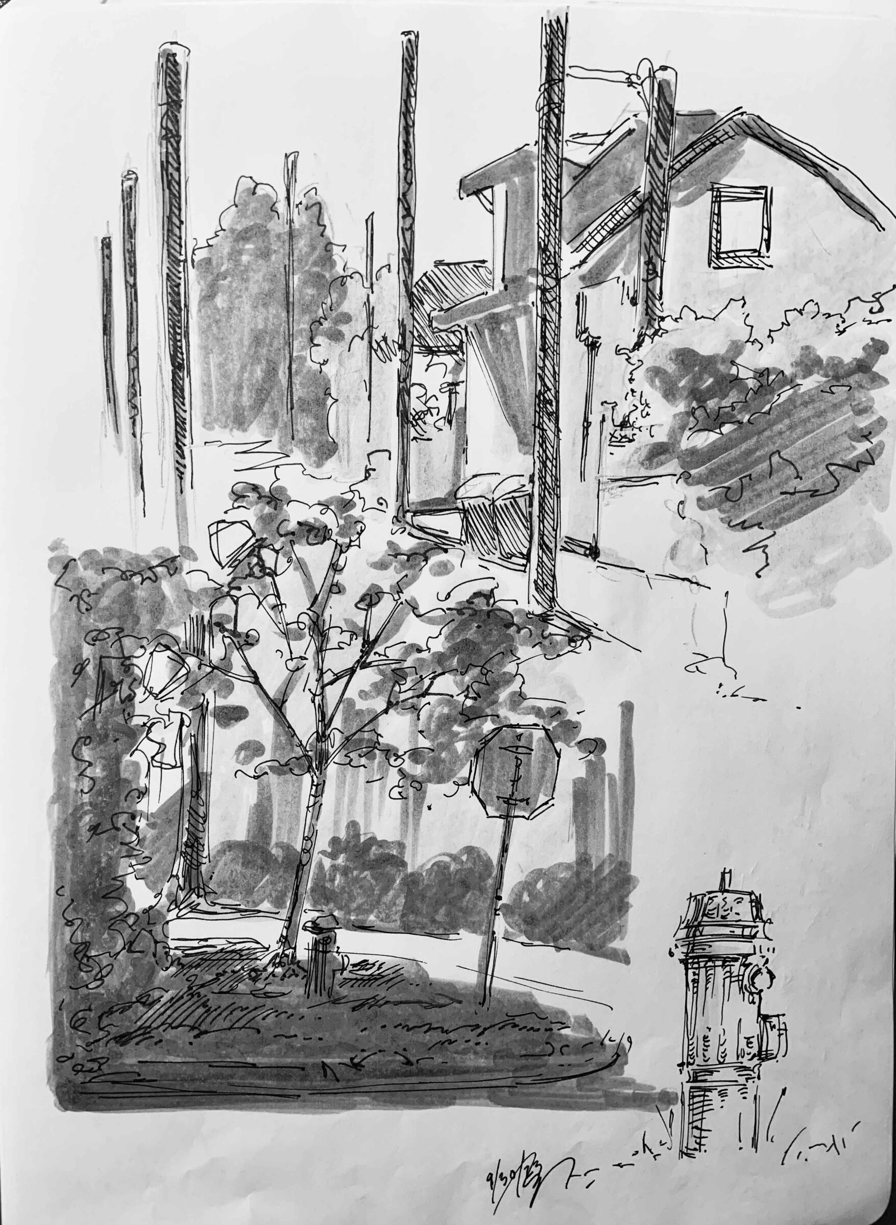 Plein Air Study #1. Personal, Non-Commercial. Pen and Ink, 2023.