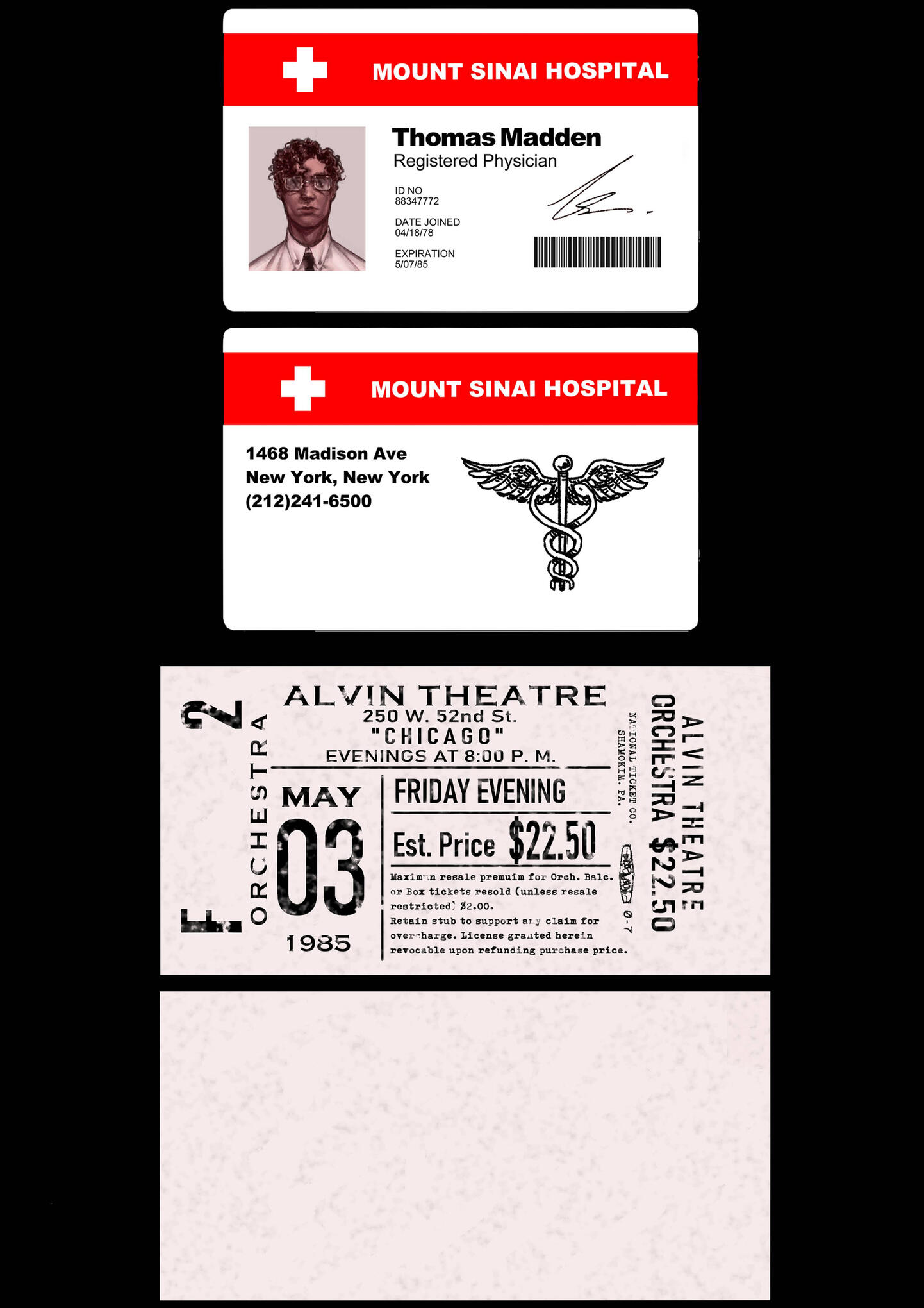 Hospital ID Card and Theatre Ticket for "Process of Procedure" Installation. All Assets Created From Scratch to Ensure Minimal Similarities to Existing Parties. University Project, Non-Commercial. Digital, 2022.